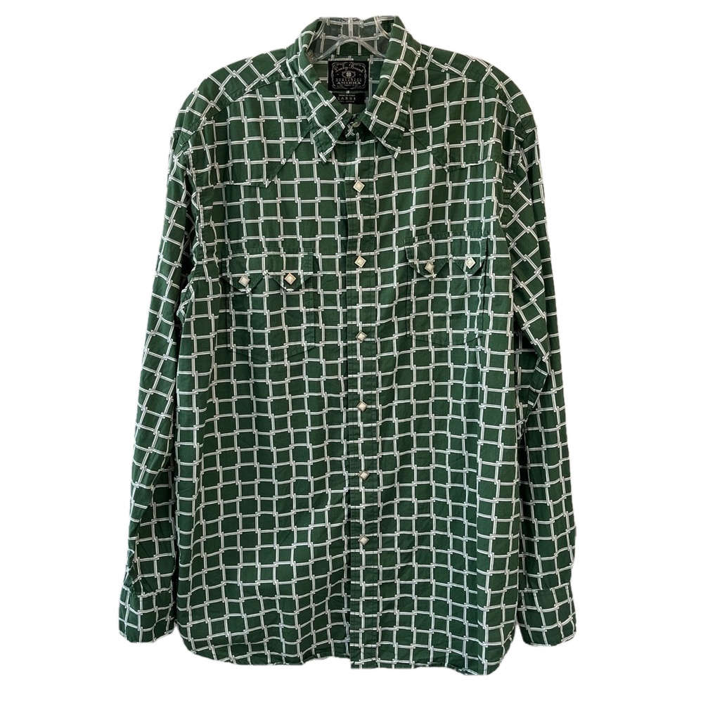 Lucky Brand Men's Saw Tooth Pocket Western Snap Front Long Sleeved Green White L